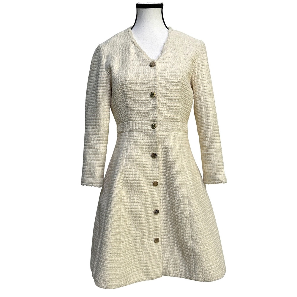 Maje Ryzer Ecru Tweed Coat Dress Sz 3 US L Gold Snap Front Quite Luxury Parisian
